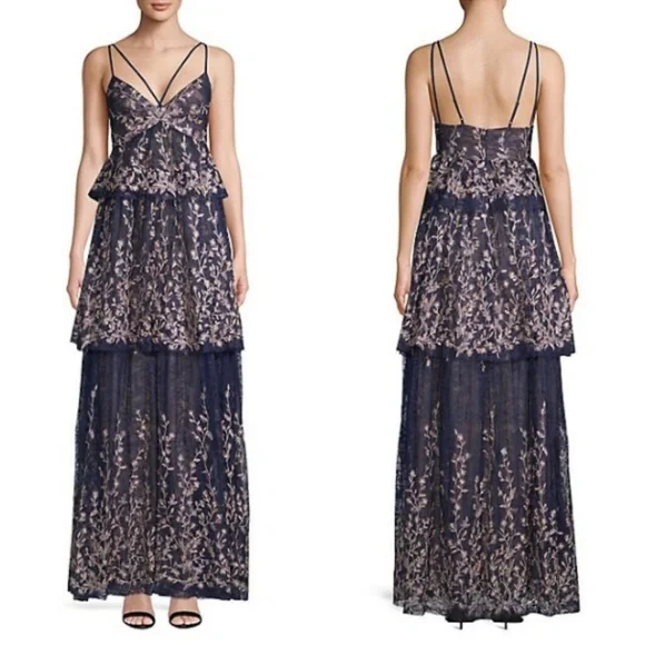 Bcbgmaxazria Embroidered Tiered Gown - Blue 0